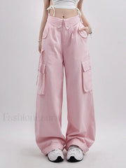 Buttoned High Waisted Cargo Pants Pink / S Cargo Pants