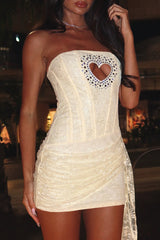 Strapless Rhinestone Cutout Heart Lace Bodycon Mini Dress