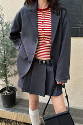 Contrast Sleeve Blazer Pleated Midi Skirt Set