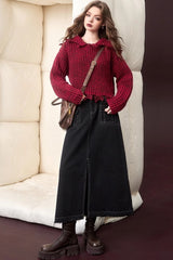 Solid Color Tassel Trim Short Chunky Sweater