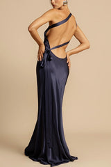 Satin One Shoulder Bodycon Formal Dress S / Navy blue