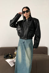 Short PU Leather Notch Lapel Jacket