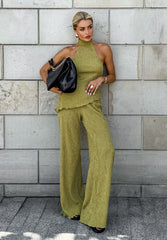 Green Halter Neck Top Pleated Wide Leg Pants Set