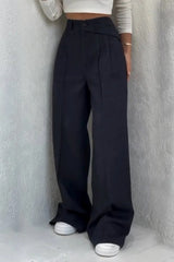 Button High Waist Solid Long Fluid Pants