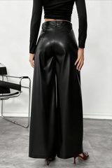 High Waist Fluid Black PU Leather Wide Leg Pants