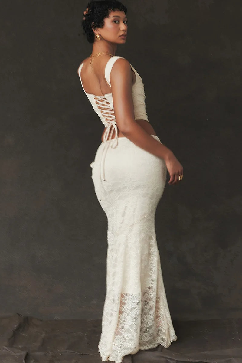 Elegant Lace Up Crop Top & Maxi Skirt Boho Dress