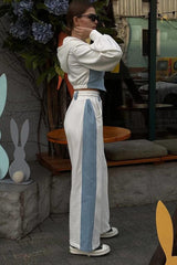 Color Block Casual Hoodie Denim Two Piece Pants Set