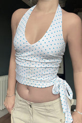 Polka Dot V-Neck Tie Halter Crop Top