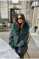 Green Detachable Fur Collar Wool Jacket S / Green