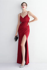 Long Satin Slit Halter Sheath Formal Dress