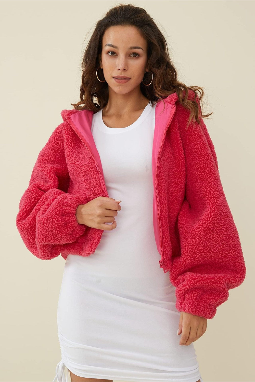 Fuzzy Hooded Zip Short Jacket Red / XS