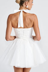 Boned Halter Lace Tie Waist Tulle Mini Dress