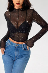 Long Sleeve Mesh Sequin Mandarin T-shirt