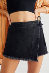 Chic Denim Distressed Hem A-Line Skirt