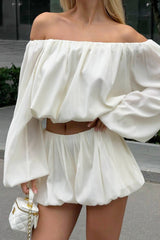 Off Shoulder Long Sleeve Crop Top Bloomers Shorts Set
