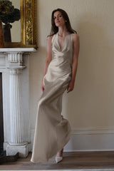 Satin Off Shoulder Backless Tie Waist Slim Fit Long Sexy Prom Dress