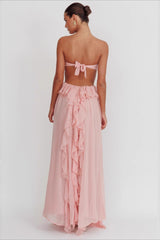 Backless Lace Up Ruffle Strapless Maxi Prom Dress