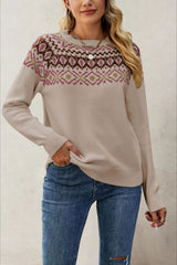 Jacquard Crew Neck Knit Pullover Sweater Khaki / S