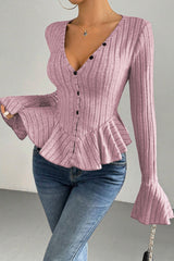 Flounced V-Neck Bodycon Knit Top