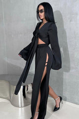 Tie Front Crop Top Split Hem Pants Set