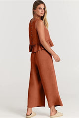 Ruffle Back Button Crop Two Piece Pants Set