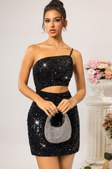One Shoulder Sequin Backless Mini Dress