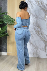 Off Shoulder Denim Long Sleeve Sexy Crop Top