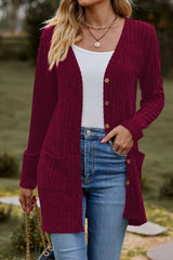 Brushed Ribbed Long Sleeve Cardigan Wine Red / S