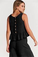 Ruffle Back Button Crop Two Piece Pants Set