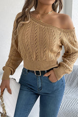 Off Shoulder Knit Pullover Sweater Khaki / S
