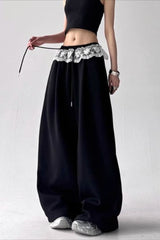 Lace Insert Ruffle Wide Leg Pants