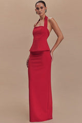 Solid Halter Backless Maxi Formal Dress