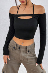 Off Shoulder Cut Out Bodycon Long Sleeve Tee