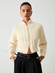Cable Knit Two Trendy Way Zip Crop Cardigan Apricot / S Sweaters L