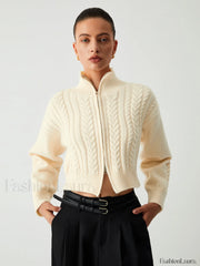 Cable Knit Two Trendy Way Zip Crop Cardigan Apricot / S Sweaters L