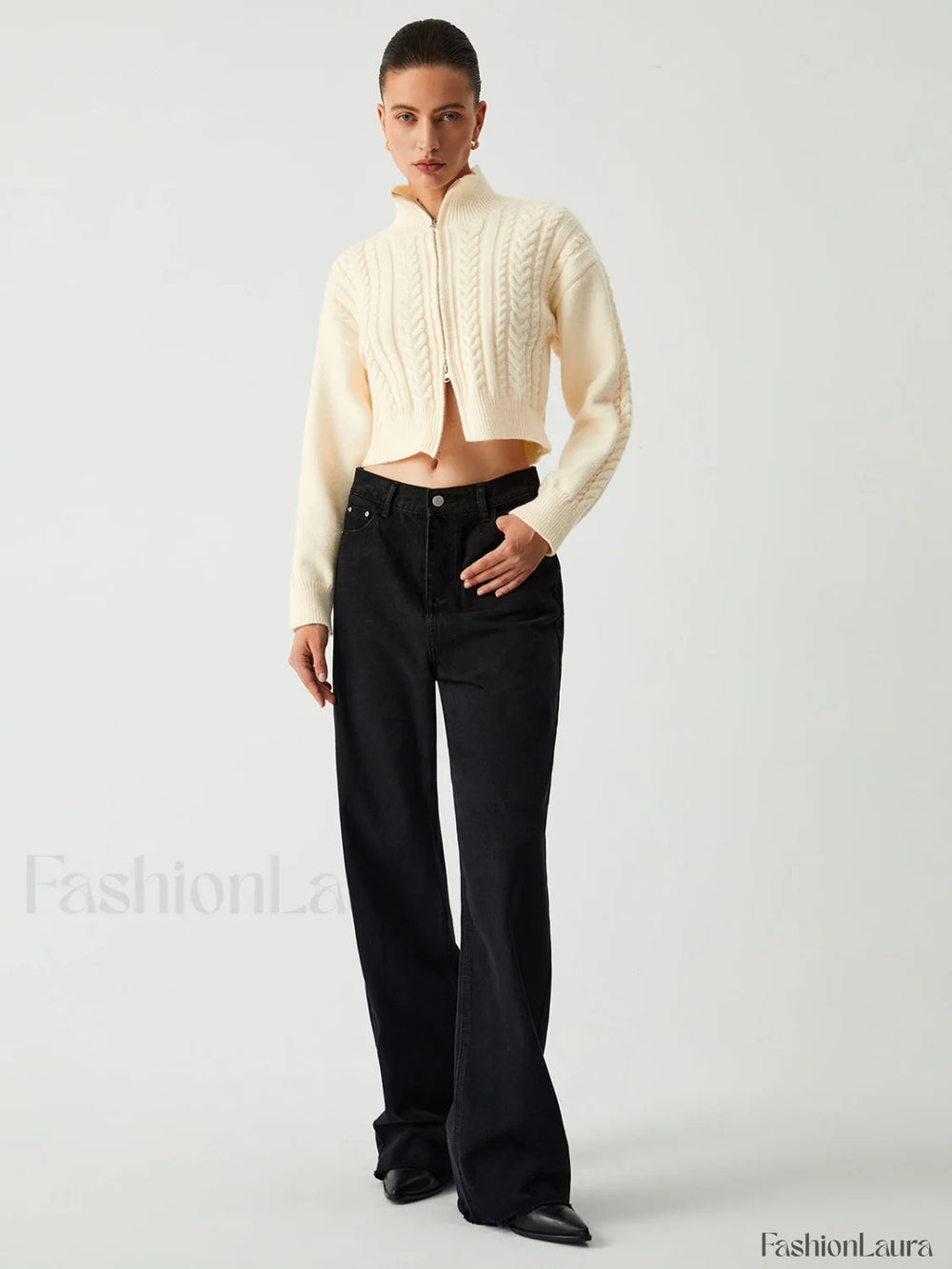 Cable Knit Two Trendy Way Zip Crop Cardigan Sweaters L