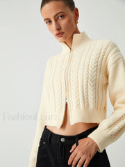 Cable Knit Two Trendy Way Zip Crop Cardigan Sweaters L