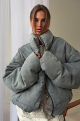 Washed Denim Stand Collar Puffer Jacket