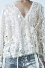 Tie Front Sequin Long Sleeve Blouse