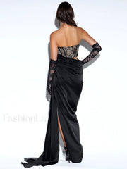 Callie Black Lace Satin Graceful Corset High Slit Gown Gowns