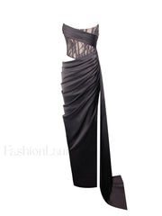 Callie Black Lace Satin Graceful Corset High Slit Gown Gowns