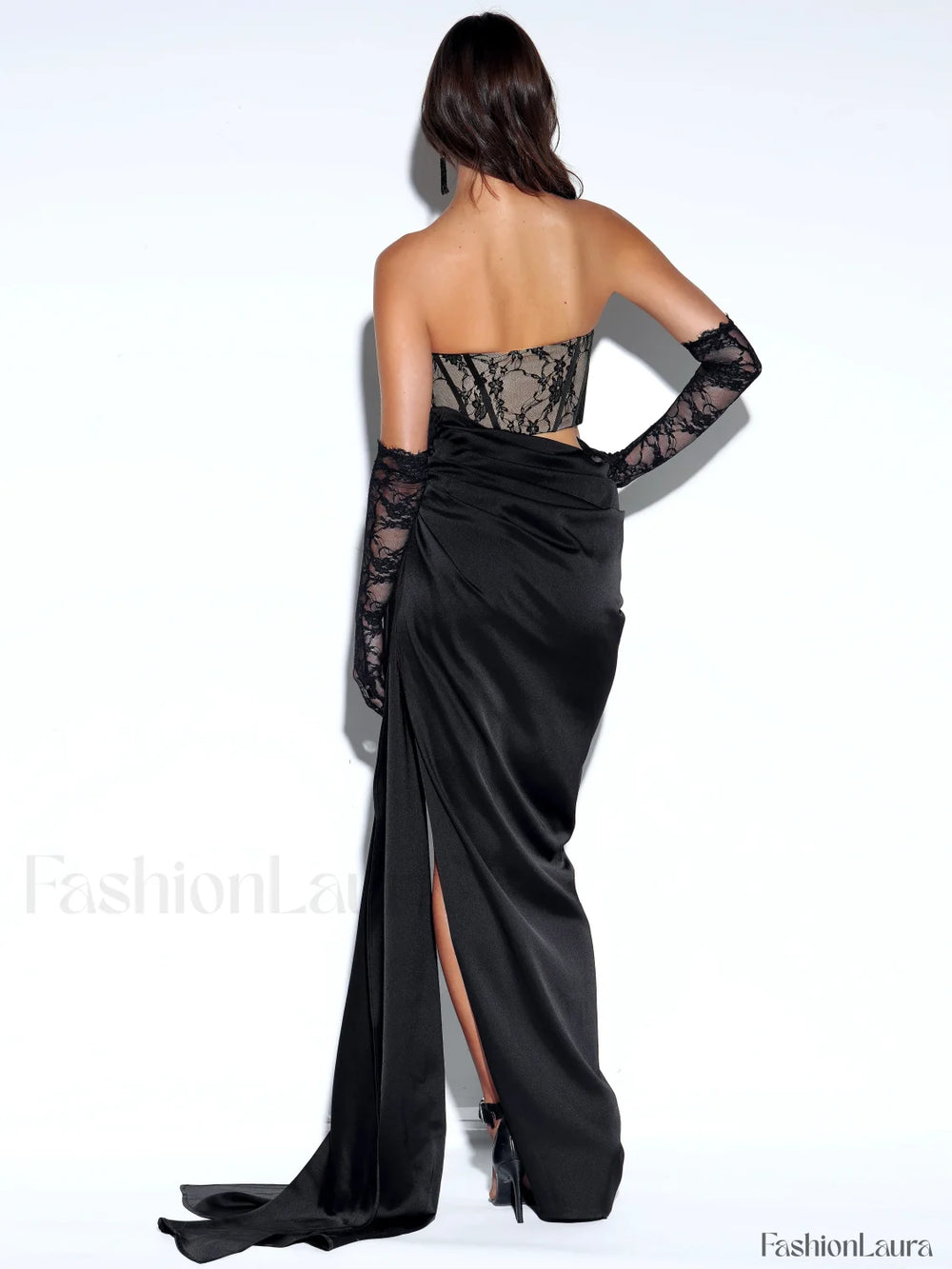 Callie Black Lace Satin Graceful Corset High Slit Gown Gowns