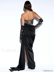 Callie Black Lace Satin Graceful Corset High Slit Gown Gowns