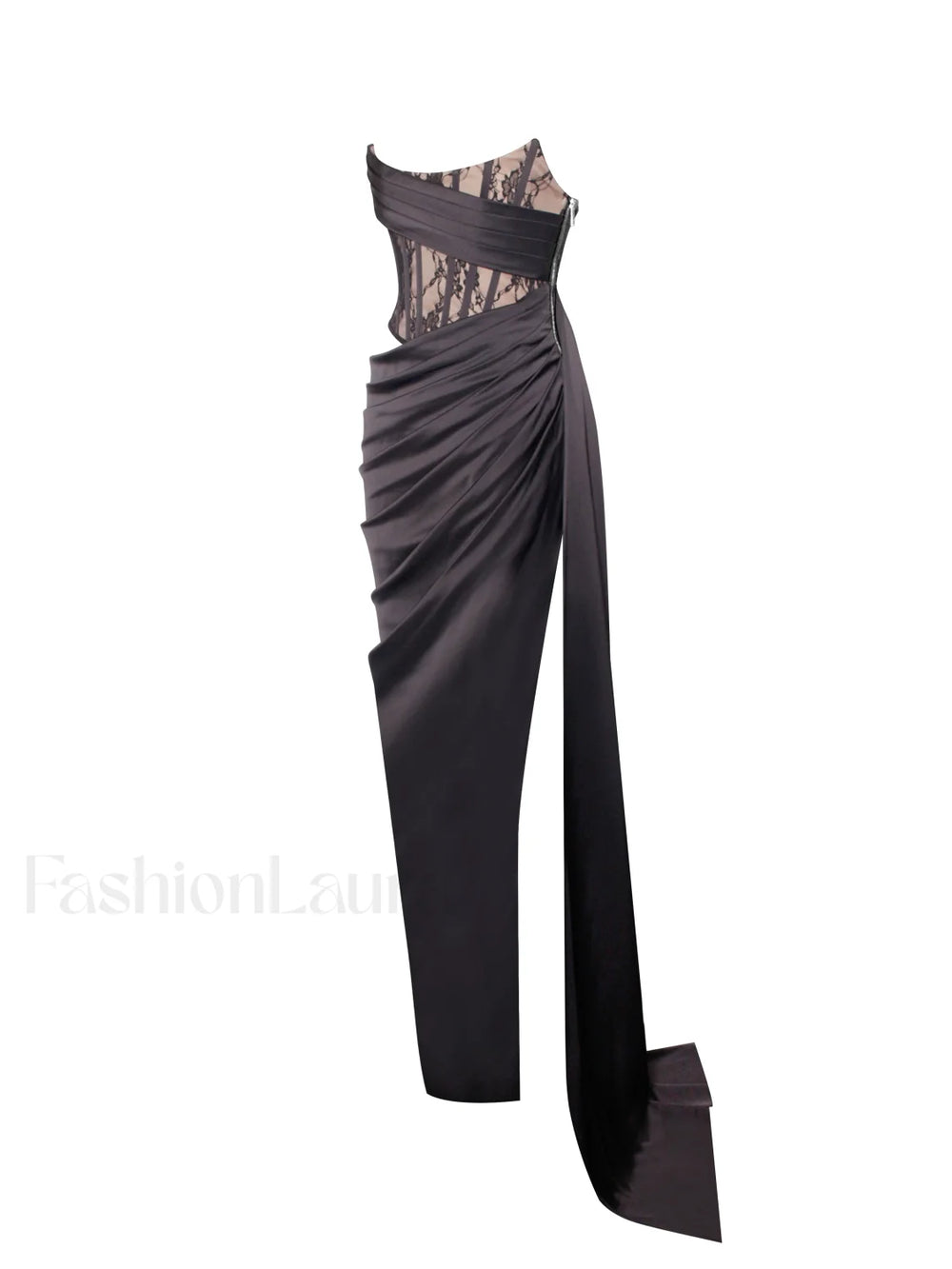 Callie Black Lace Satin Graceful Corset High Slit Gown Gowns