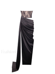 Callie Black Lace Satin Graceful Corset High Slit Gown Gowns