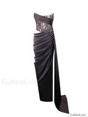 Callie Black Lace Satin Graceful Corset High Slit Gown Gowns