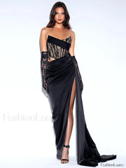 Callie Black Lace Satin Graceful Corset High Slit Gown L / US 10 12 Gowns