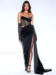 Callie Black Lace Satin Graceful Corset High Slit Gown L / US 10 12 Gowns