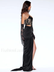Callie Black Lace Satin Graceful Corset High Slit Gown XL / US 12 14 Gowns