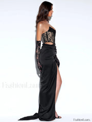 Callie Black Lace Satin Graceful Corset High Slit Gown XL / US 12 14 Gowns